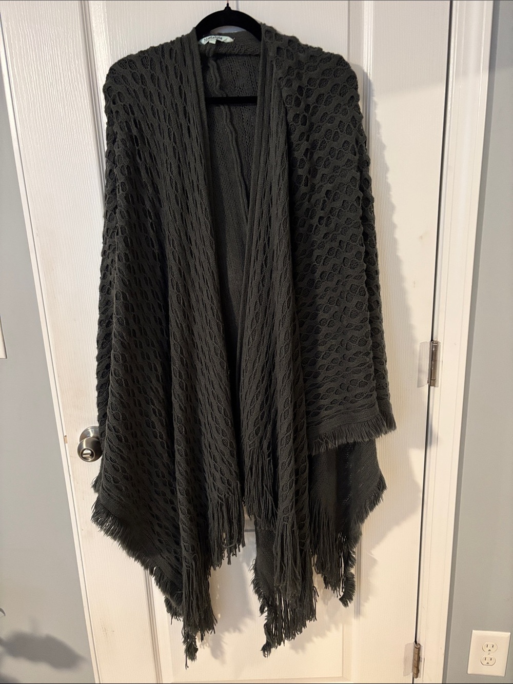 Nostalgia Dark Gray Open-Front Fringed Knit Poncho